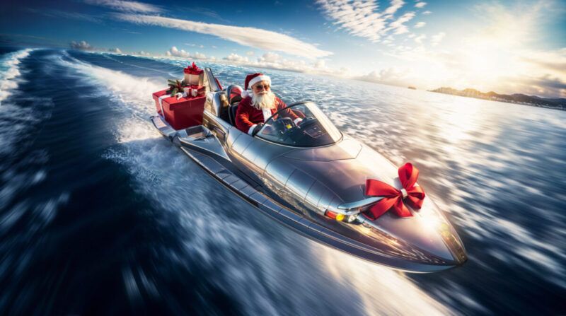 Santa claus riding a futuristic silver boat, christmas gifts delivery